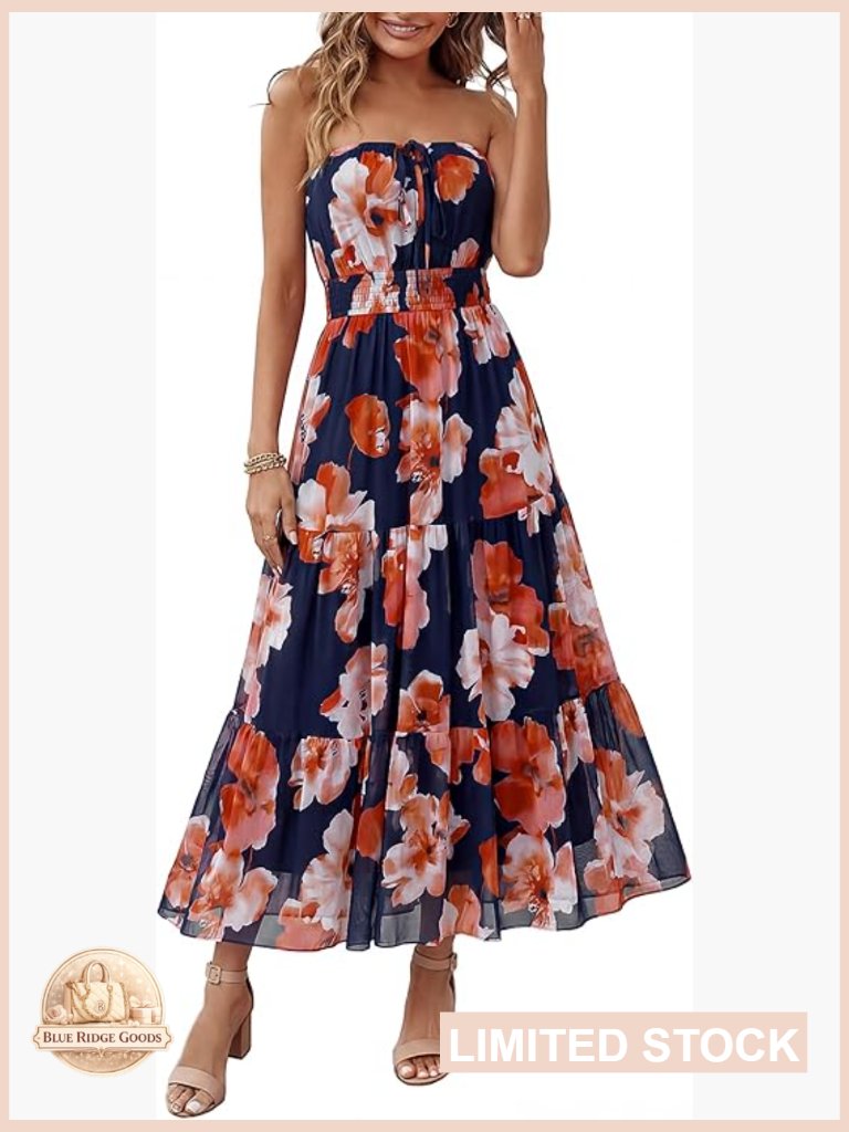 Women's Strapless Boho Floral Mesh Maxi Dress Wedding Guest Vacation